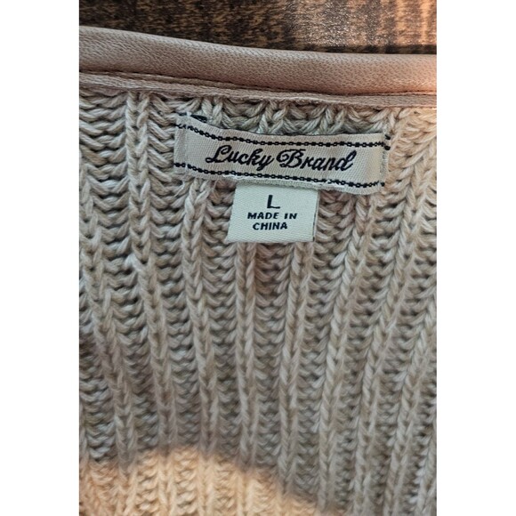 Lucky Brand Cardigan Sz L Tan Brown Chunky Knit Open Sweater Faux Leather Trim - Picture 8 of 13